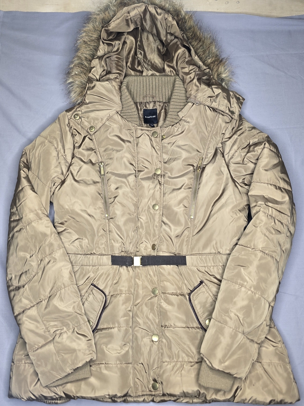 Rampage Women’s Hooded Puffer Coat – Faux Fur Trim – Size L